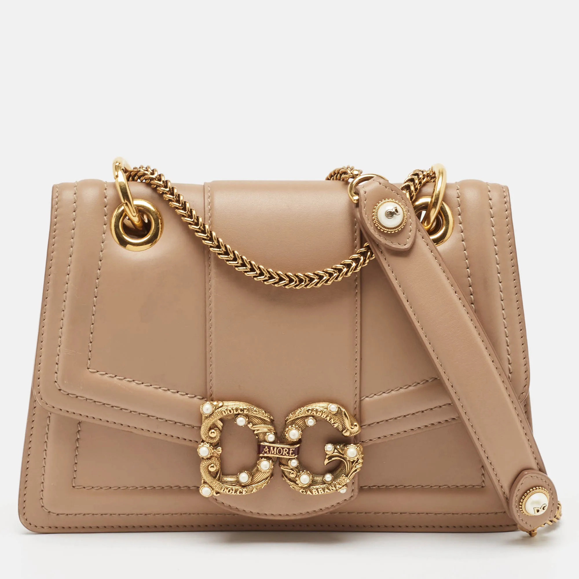 Beige Leather DG Amore Shoulder Bag
