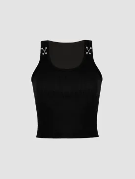Black Knitted Button Tank Top