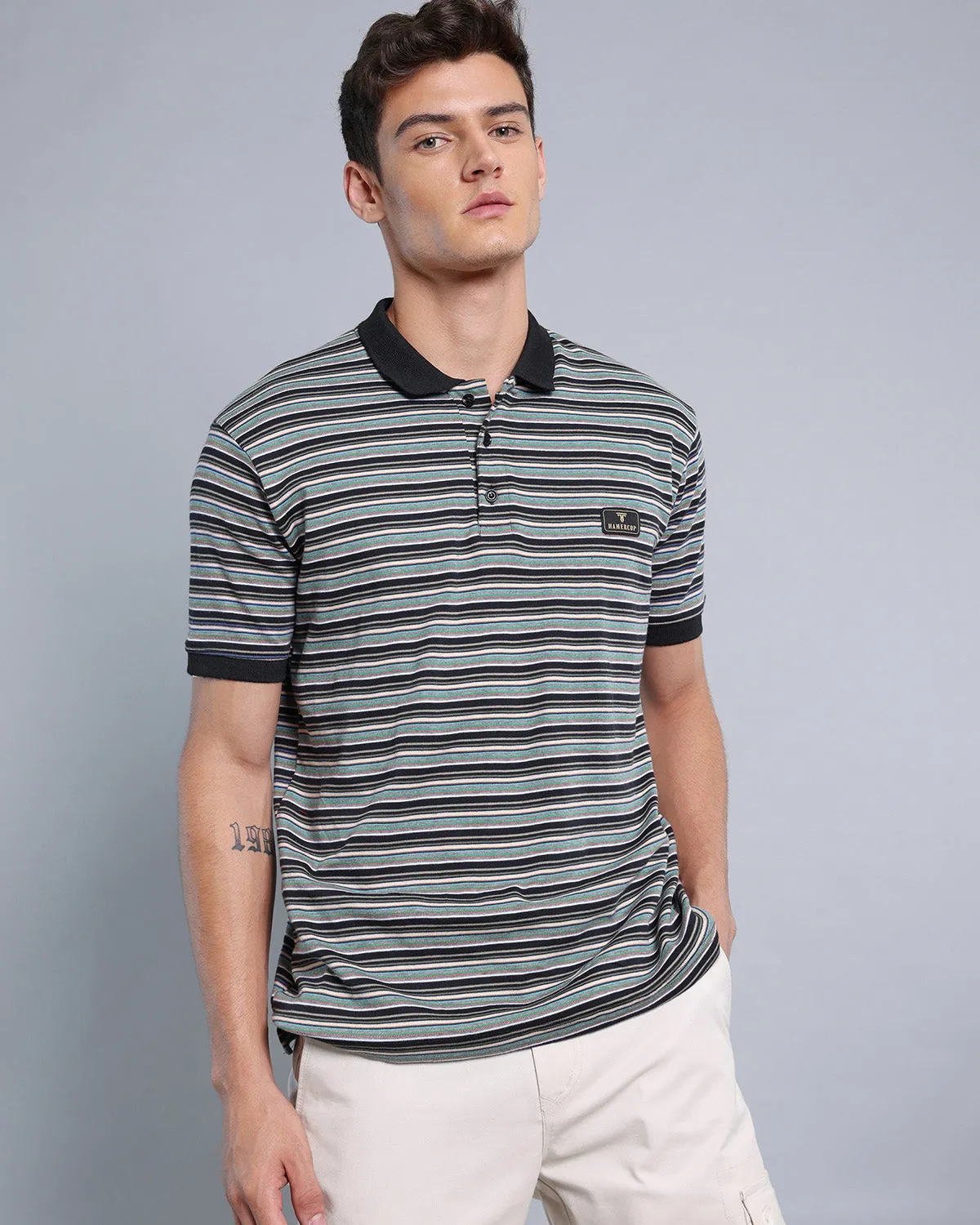 Black With Green Multicolor Striped Supersoft Smart Polo T-Shirt