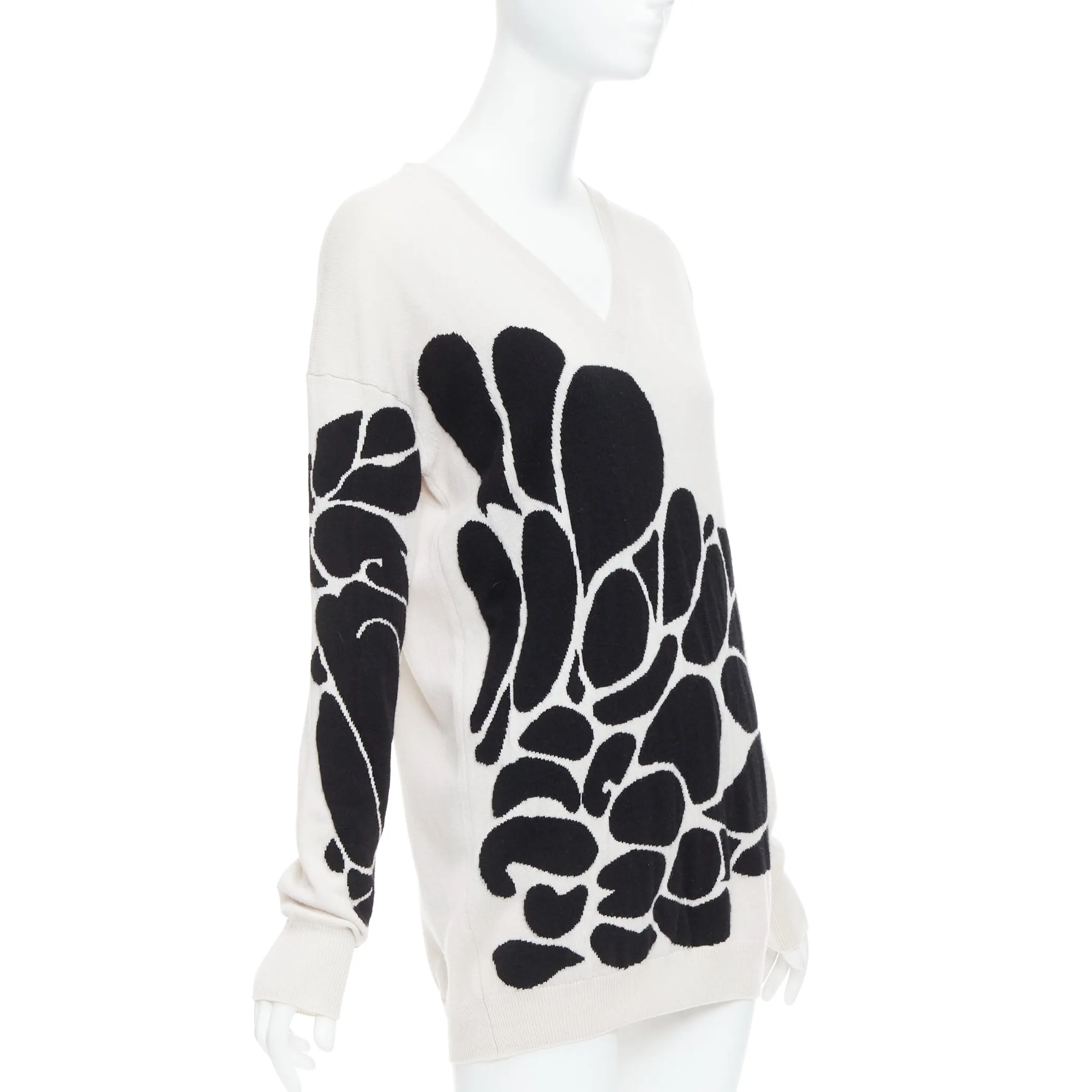 BOTTEGA VENETA 100% cashmere cream black abstract intarsia V-neck sweater IT40 S