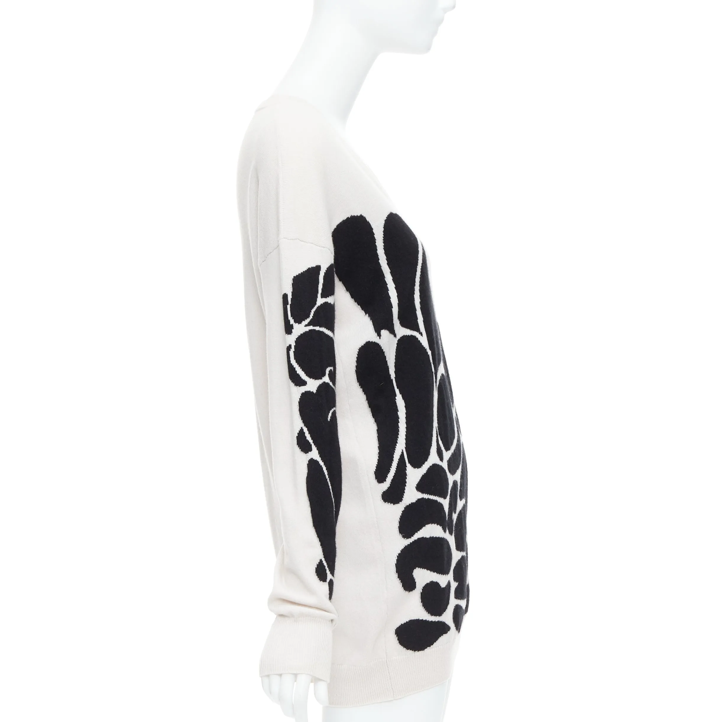 BOTTEGA VENETA 100% cashmere cream black abstract intarsia V-neck sweater IT40 S