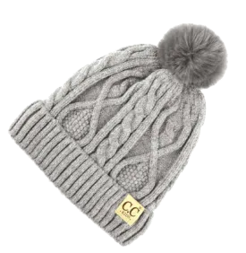 C.C. Beanie - Kids Cable Knit Fur Pom Beanie in Grey