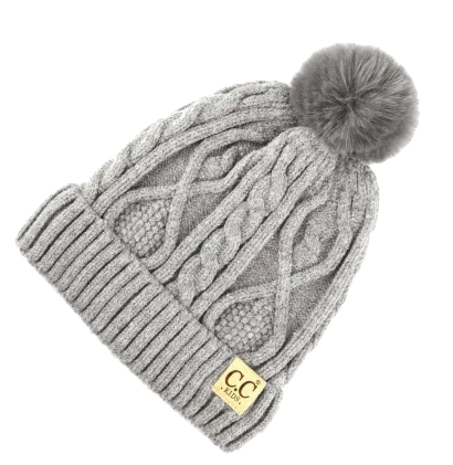 C.C. Beanie - Kids Cable Knit Fur Pom Beanie in Grey