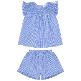 girls sky blue gingham smocked top and short set
