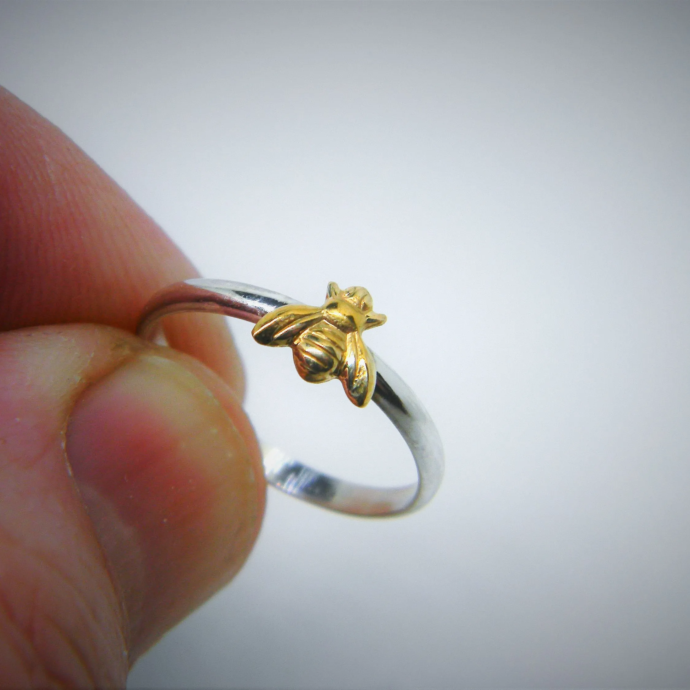Handmade USA Honey Bee Ring, 24kt Goldplated Brass Bee, 925 Sterling Silver Band, Hand Formed, Customer Favorite