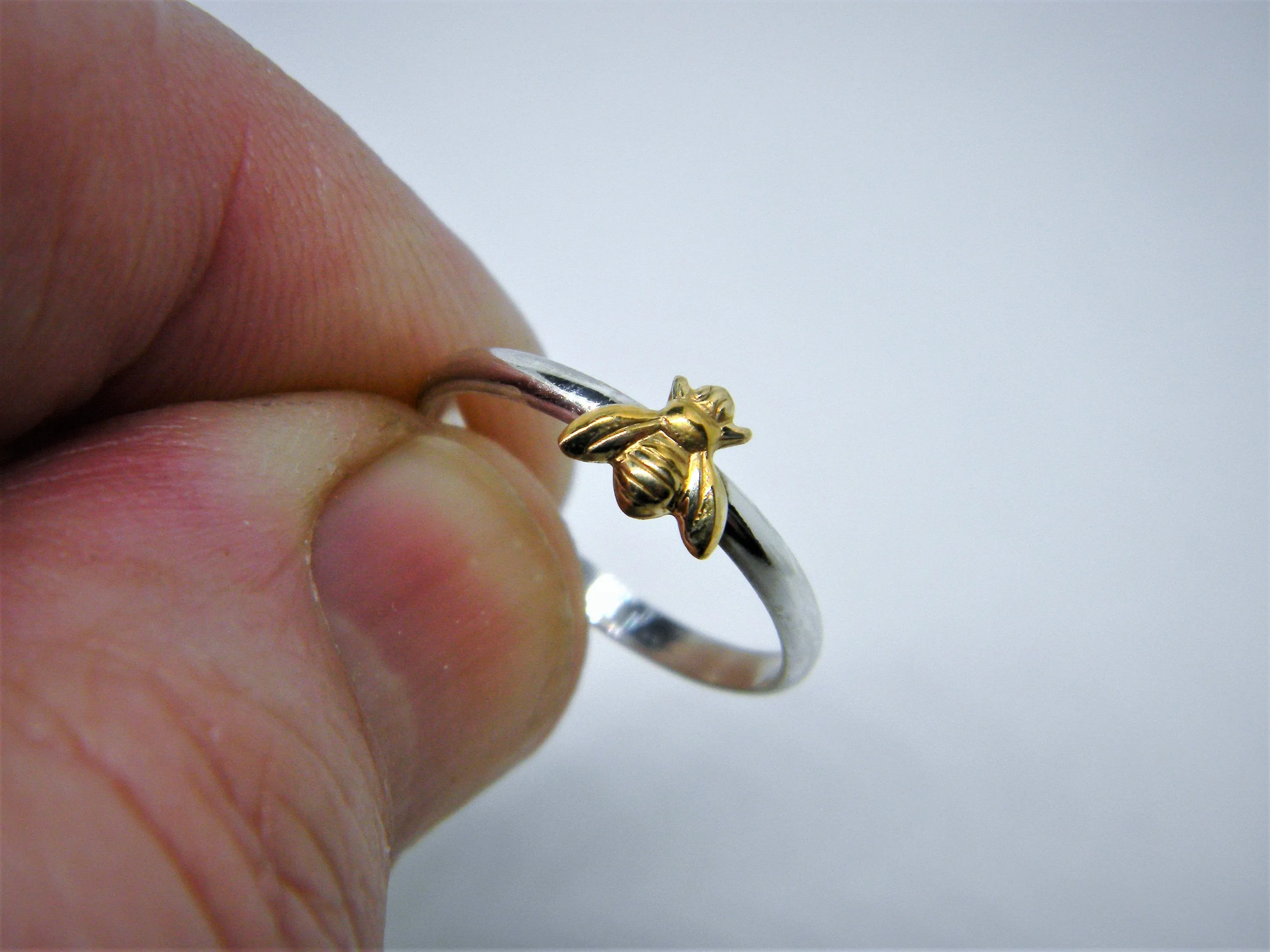 Handmade USA Honey Bee Ring, 24kt Goldplated Brass Bee, 925 Sterling Silver Band, Hand Formed, Customer Favorite