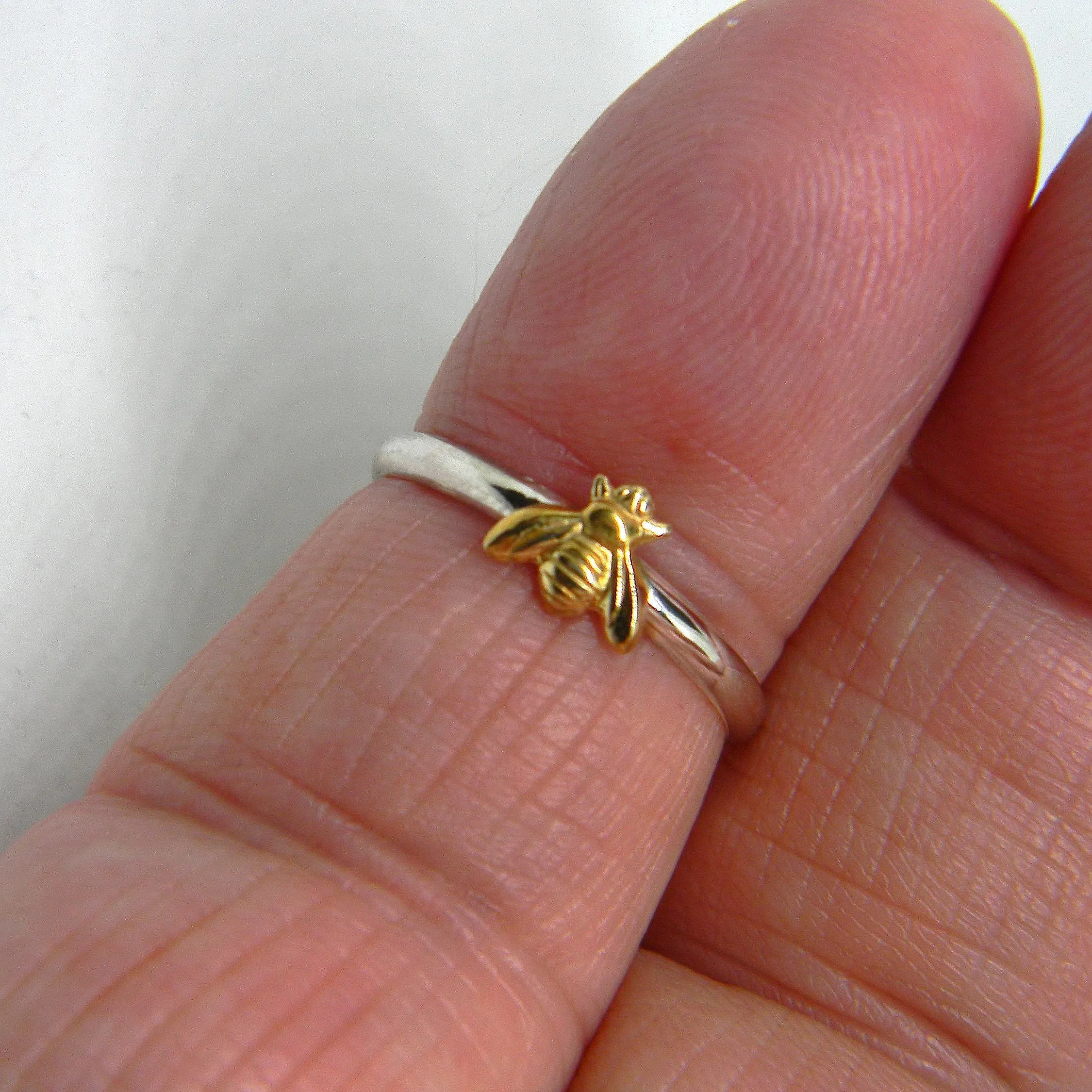 Handmade USA Honey Bee Ring, 24kt Goldplated Brass Bee, 925 Sterling Silver Band, Hand Formed, Customer Favorite