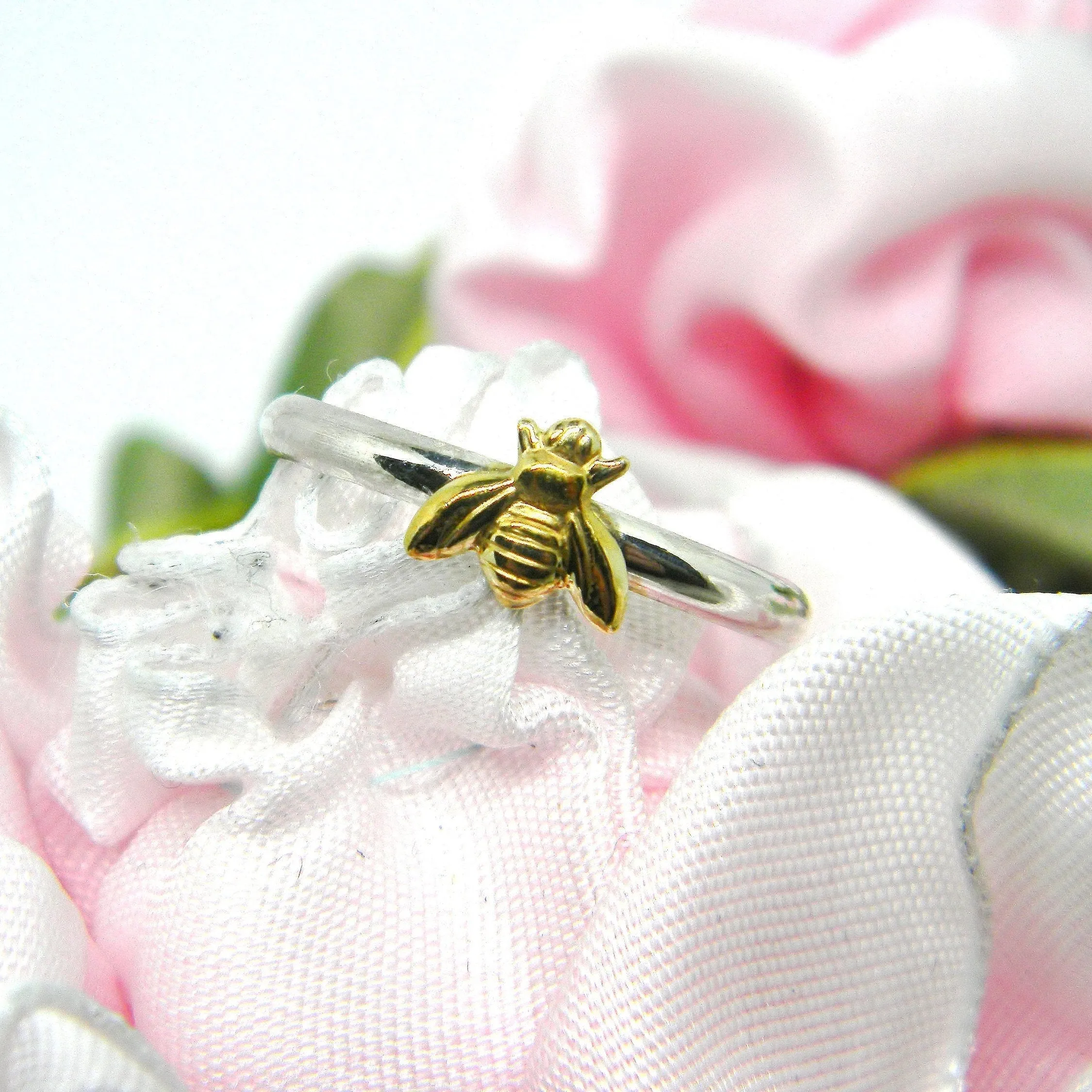 Handmade USA Honey Bee Ring, 24kt Goldplated Brass Bee, 925 Sterling Silver Band, Hand Formed, Customer Favorite