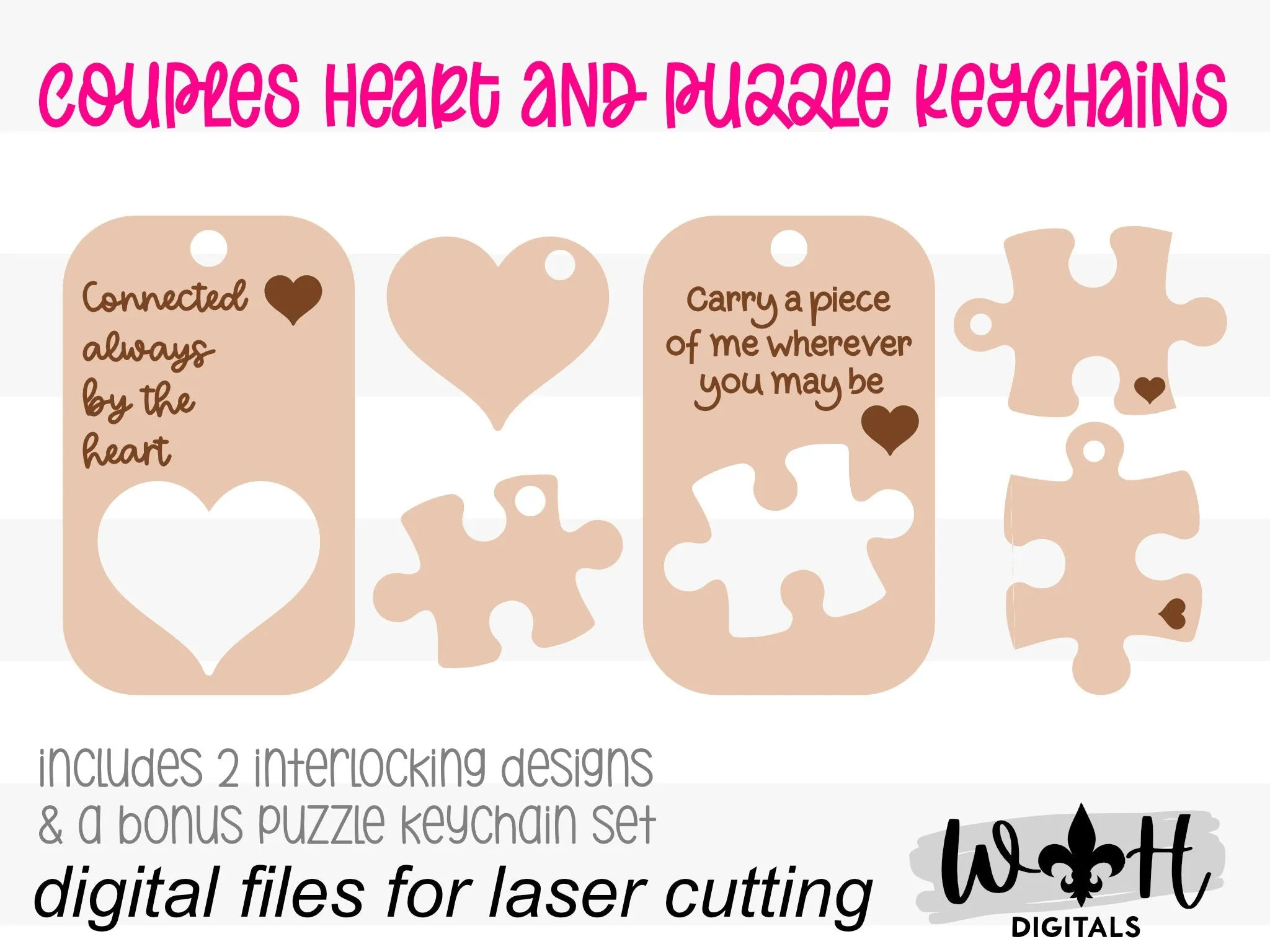 Heart and Puzzle Keychains For Valentine's Day - Couples Personalized Anniversary Gifts - Digital SVG Cut Files For Glowforge Lasers