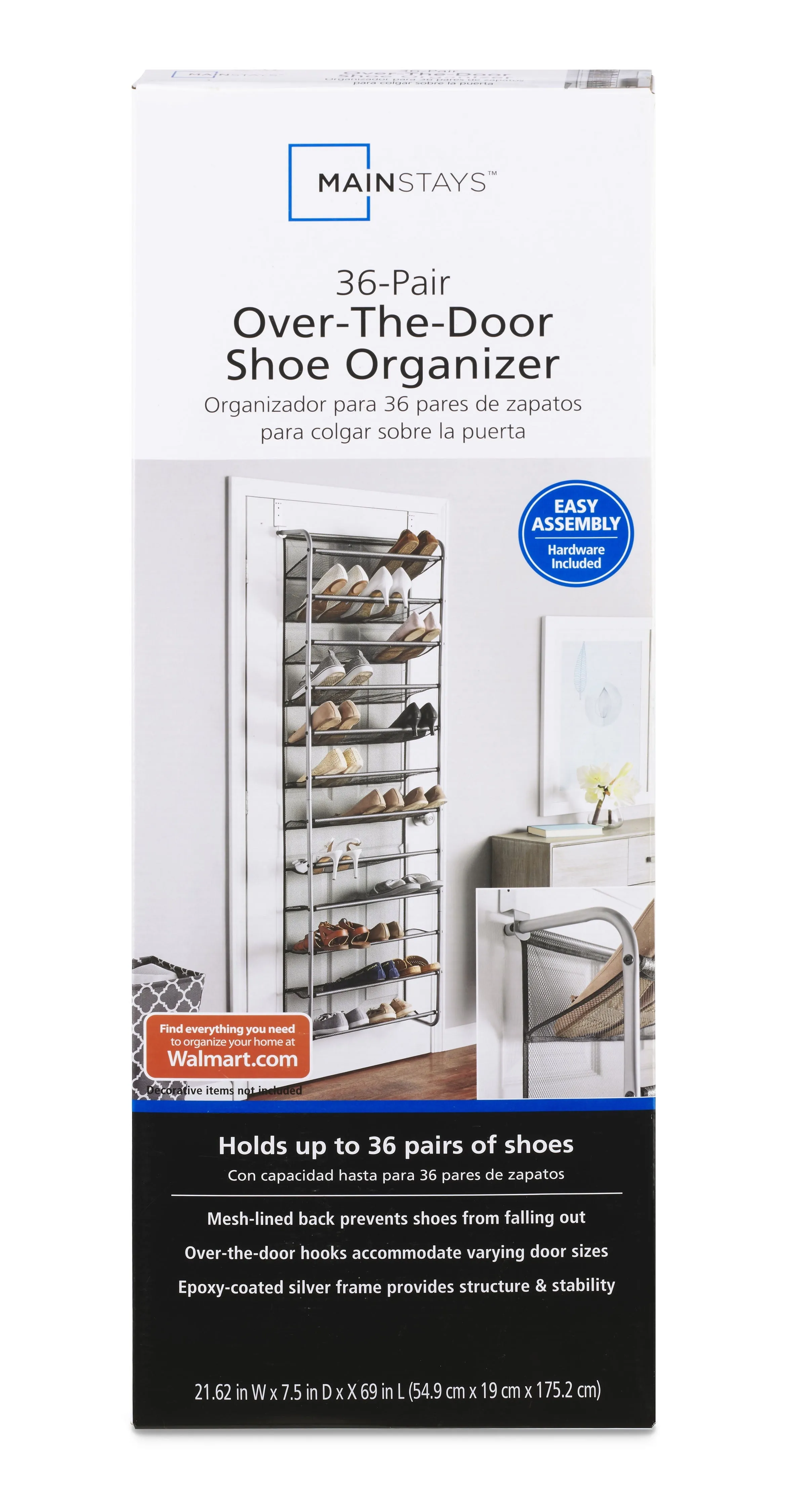 Mainstays 36 Pair Over-The-Door Shoe Closet Organizer Rack for 36 Pairs, 12 Tier, Metal, Gray