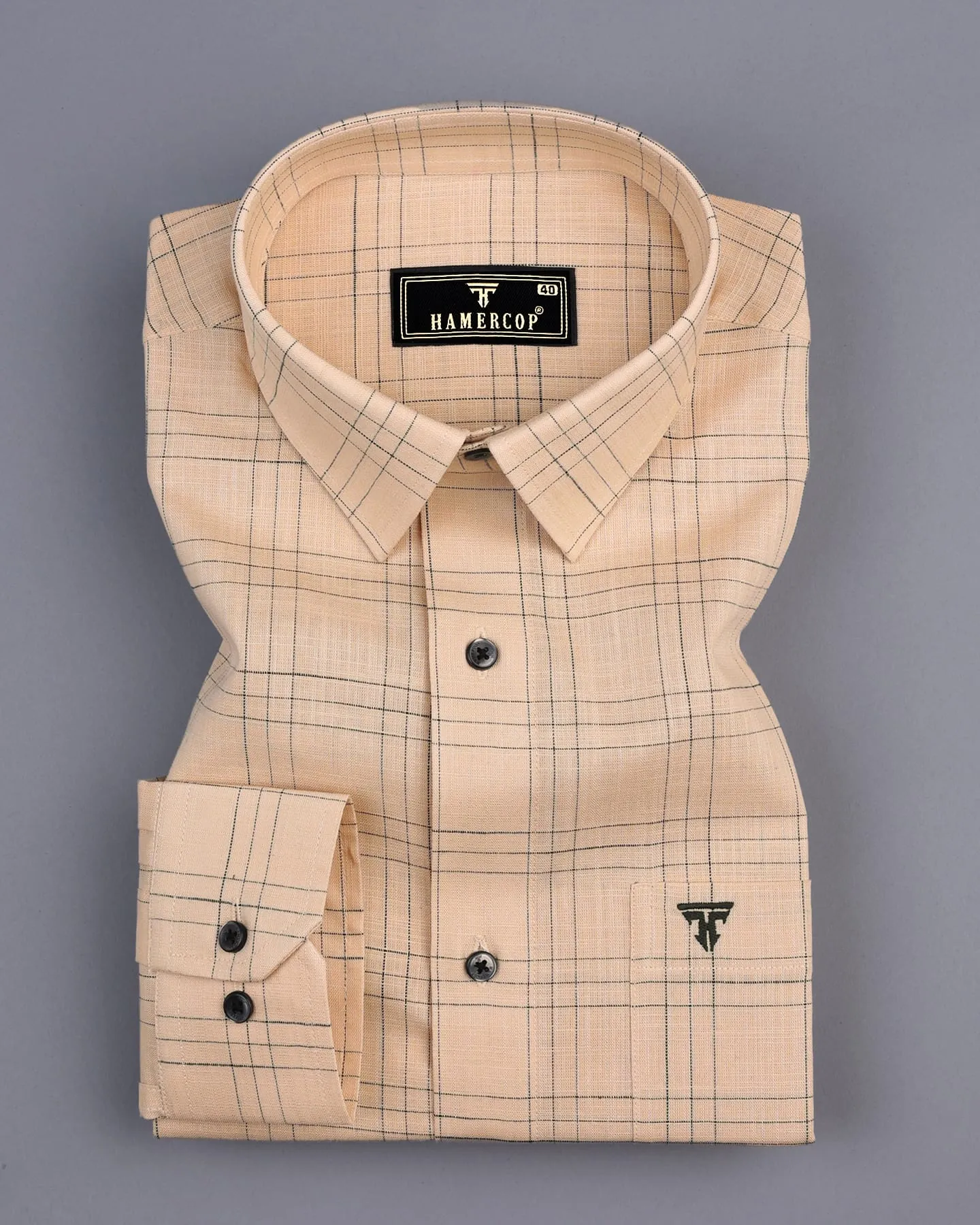 Reston Cream With Green Linen Cotton Check Shirt