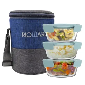 Rioware®Borosilicate Glass Lunch Tiffin Box I Set of 3(400ml Each)  Free Multicolour Bag I Leak Proof |Ideal for Office College Travel I Safety Lock Airtight Tiffin Containers - Blue