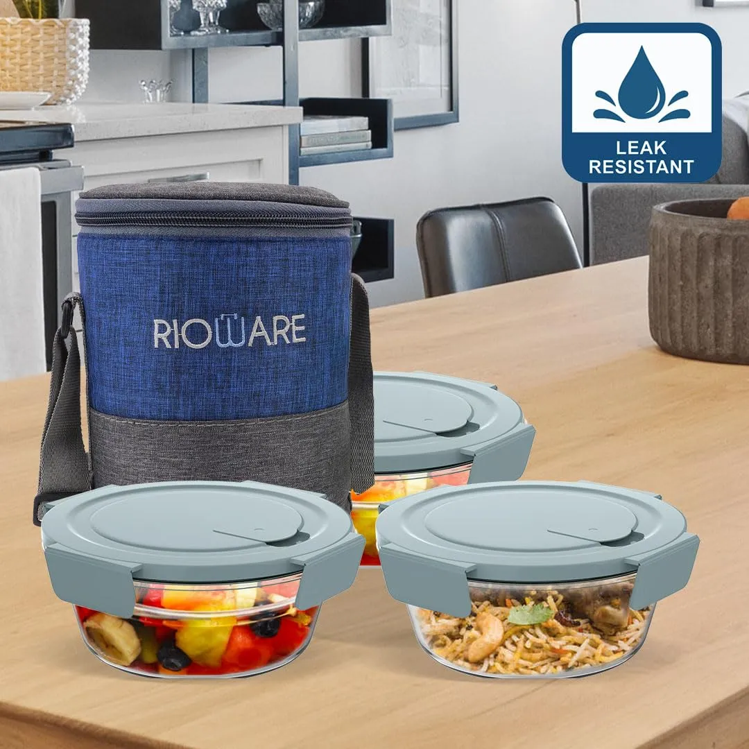 Rioware®Borosilicate Glass Lunch Tiffin Box I Set of 3(400ml Each)  Free Multicolour Bag I Leak Proof |Ideal for Office College Travel I Safety Lock Airtight Tiffin Containers - Blue